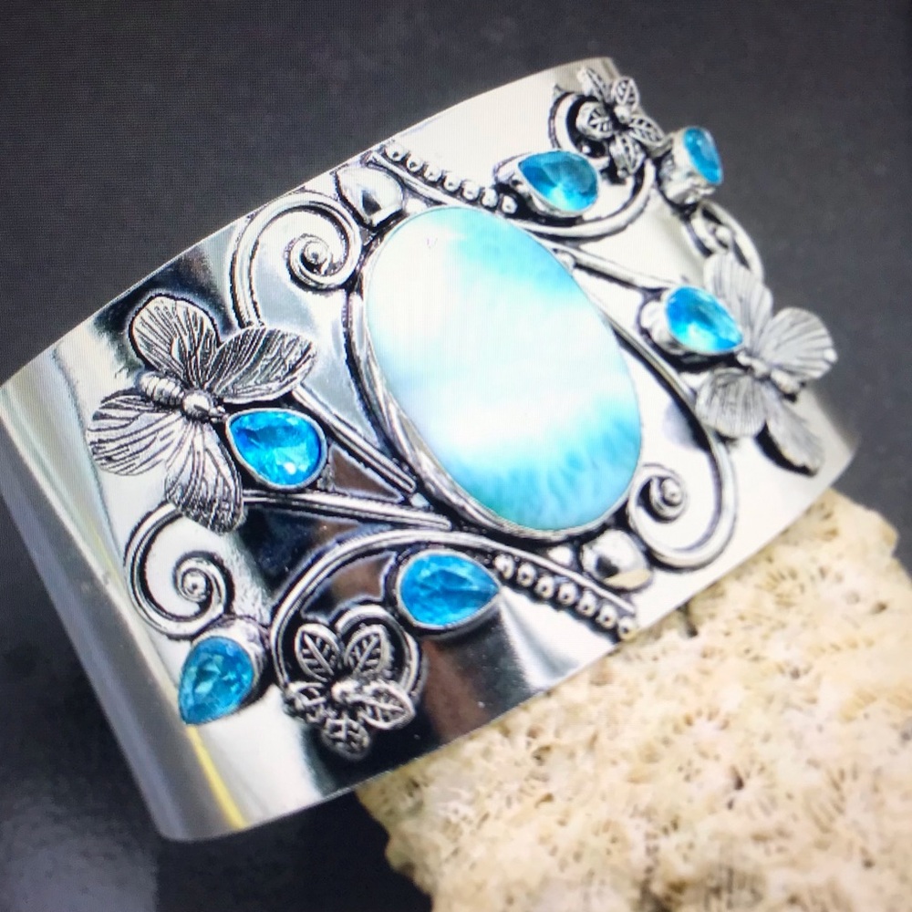 Larimar Blue Topaz Stamped Solid 925 Sterling Silver Cuff Bracelet